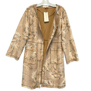 SOLITAIRE Tan Floral Faux Suede Open Front Coat Duster LARGE NWT